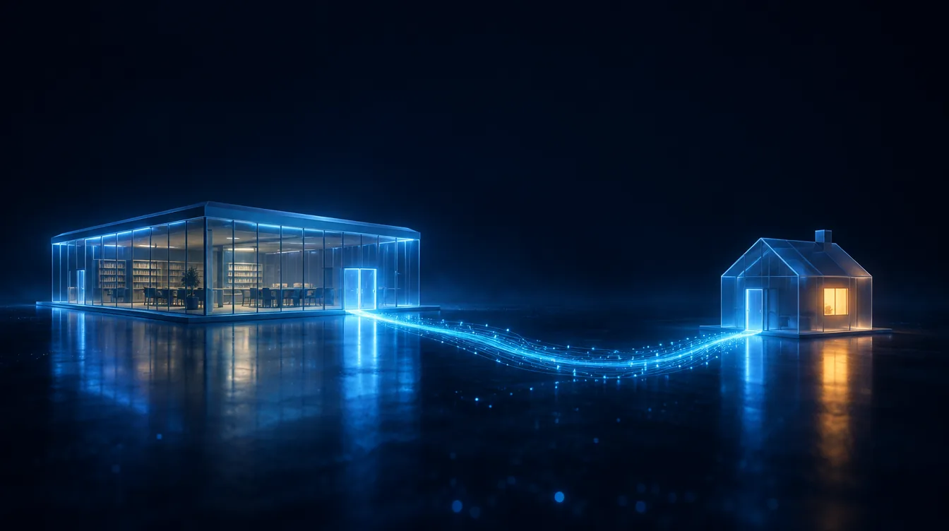 Illustration: a glass centre and a small house joined by a path of light