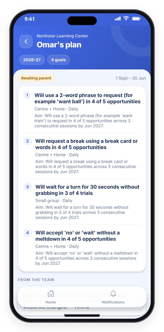 StepWise phone app: a parent reviewing a plan
