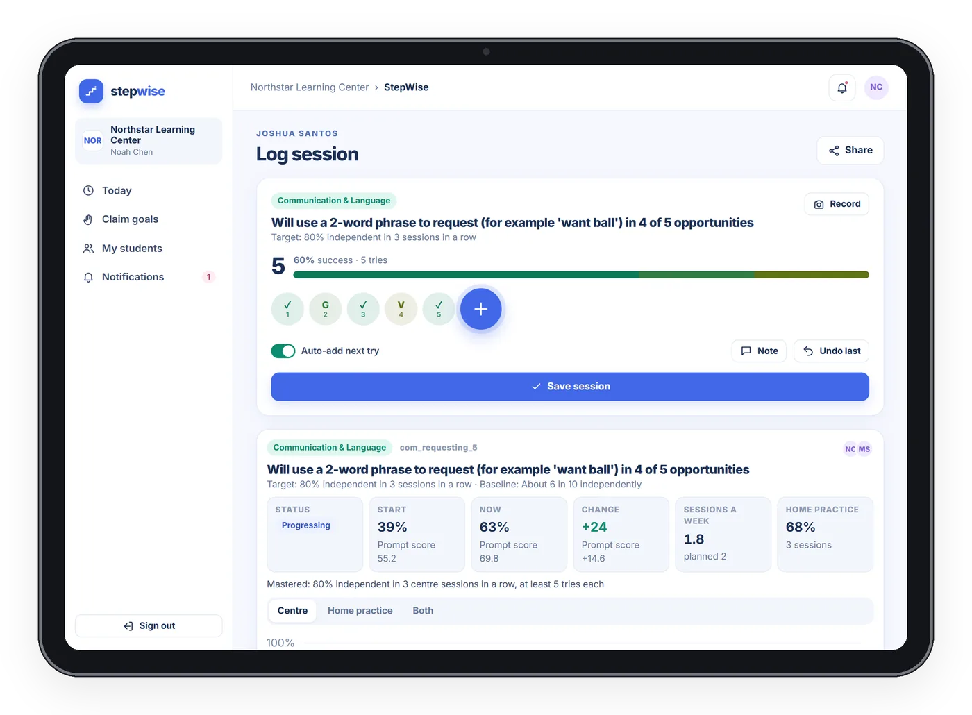 StepWise web app on a tablet: the logging pad