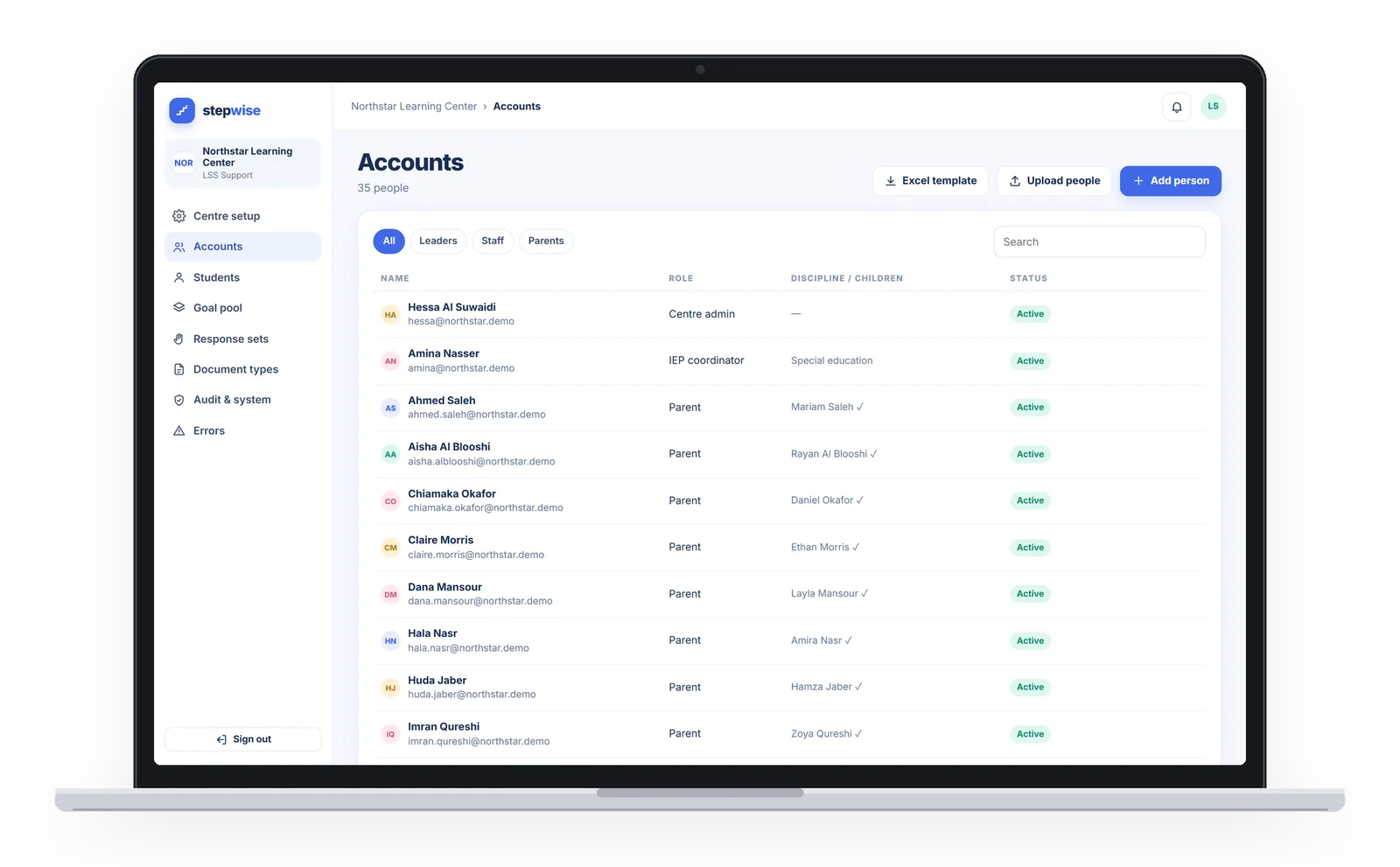 StepWise setup screen: accounts