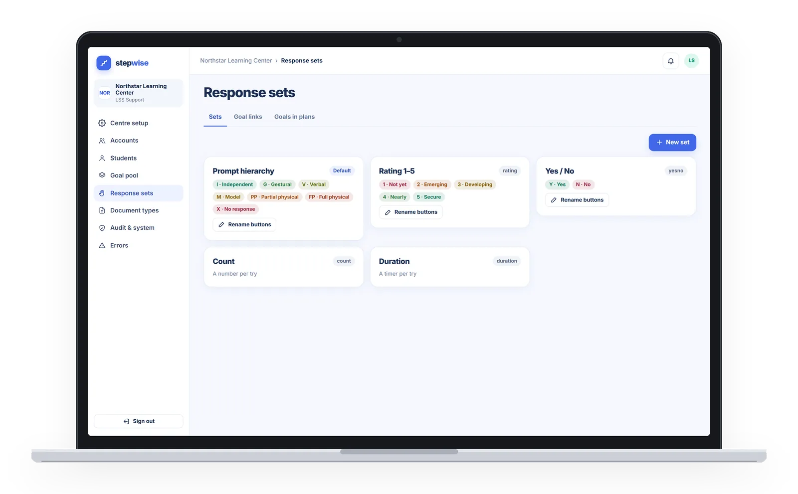 StepWise setup screen: response sets