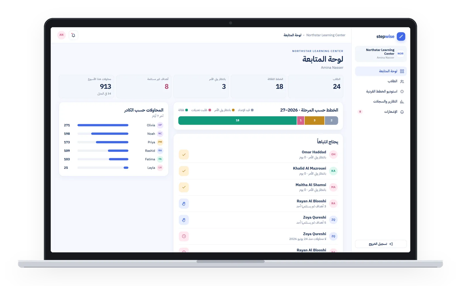 StepWise web app in Arabic, laid out right to left