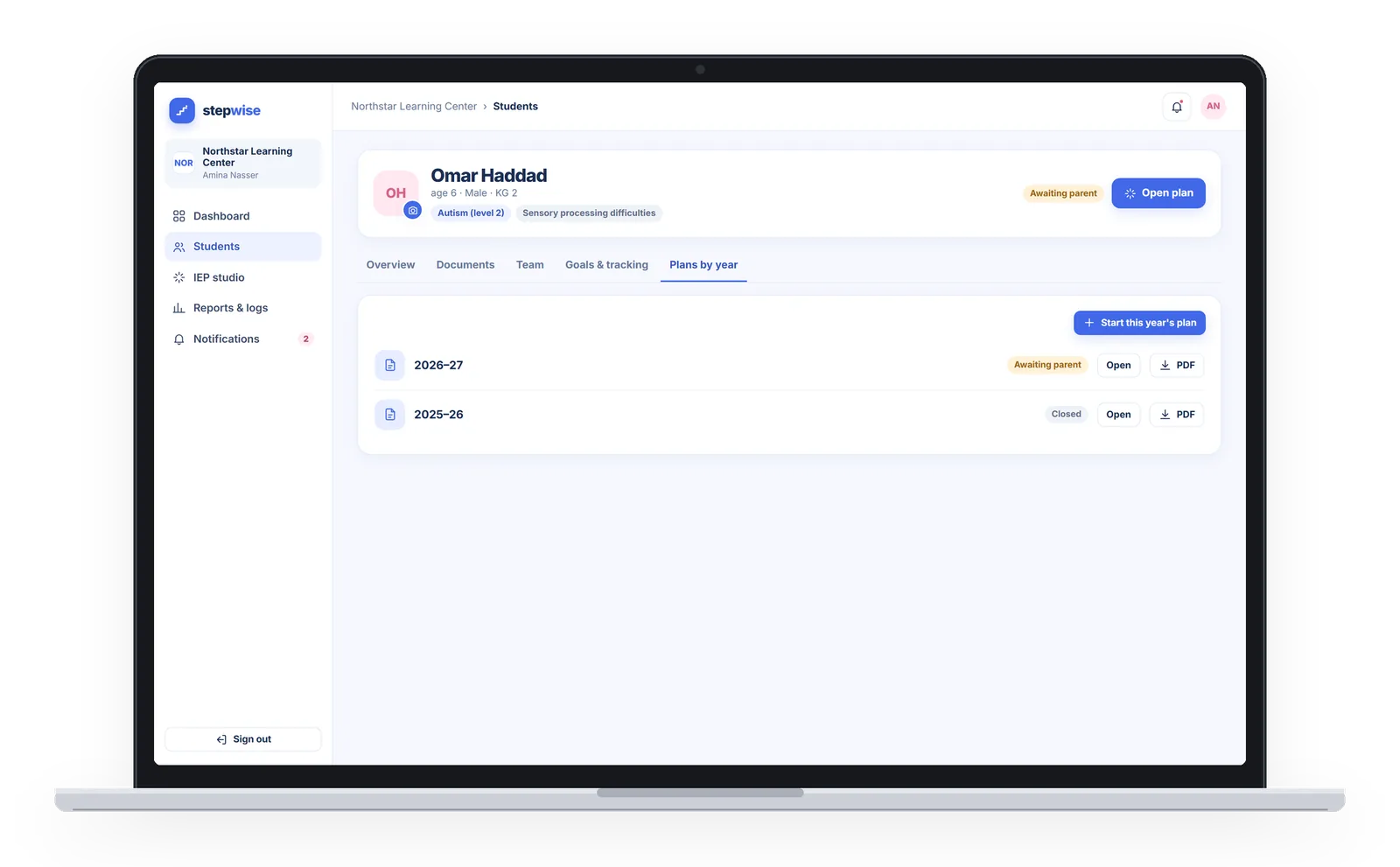 StepWise web app: a student&rsquo;s plans by year, 2025&ndash;26 closed and 2026&ndash;27 in progress