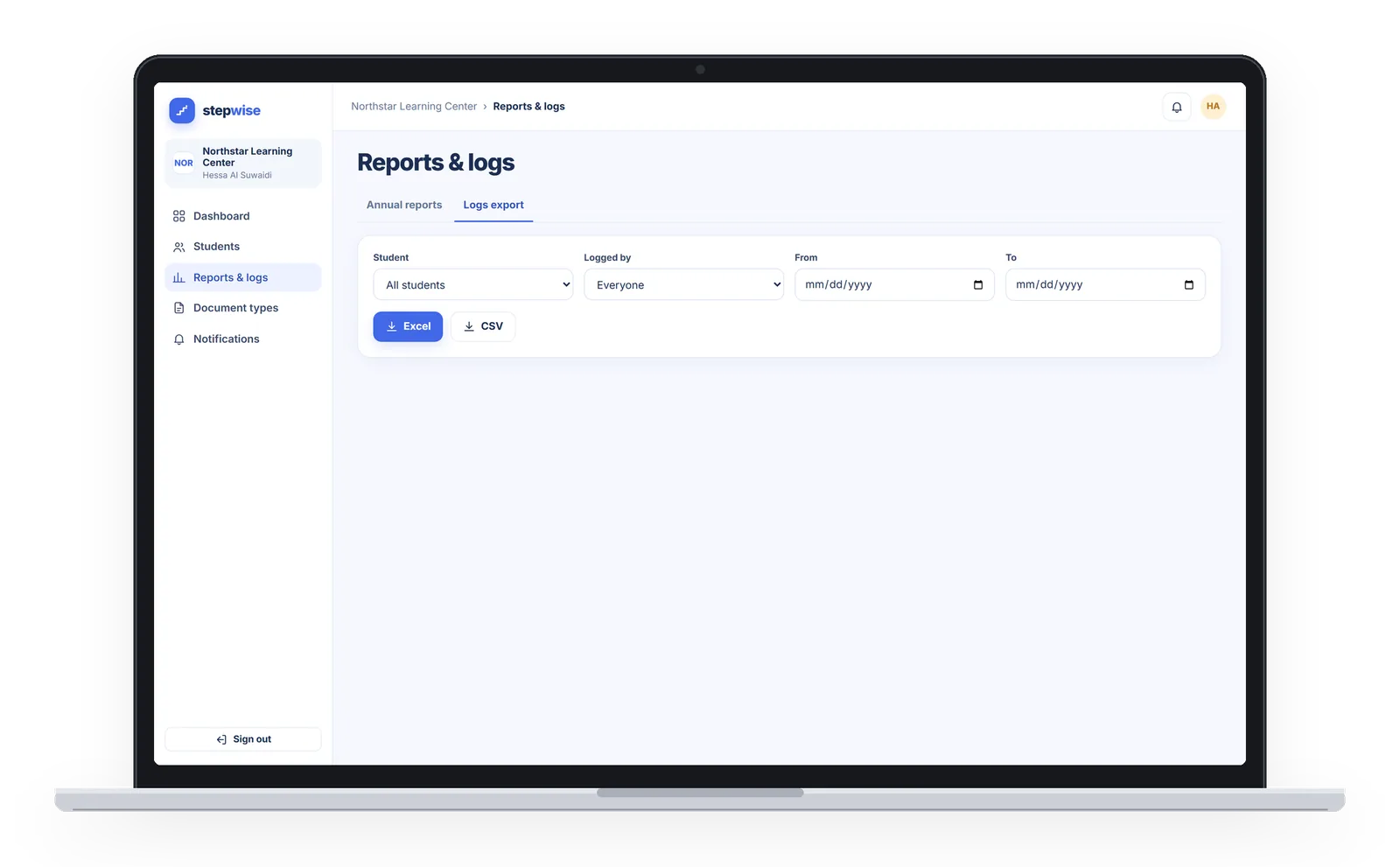 StepWise web app: logs ready to export to CSV or Excel