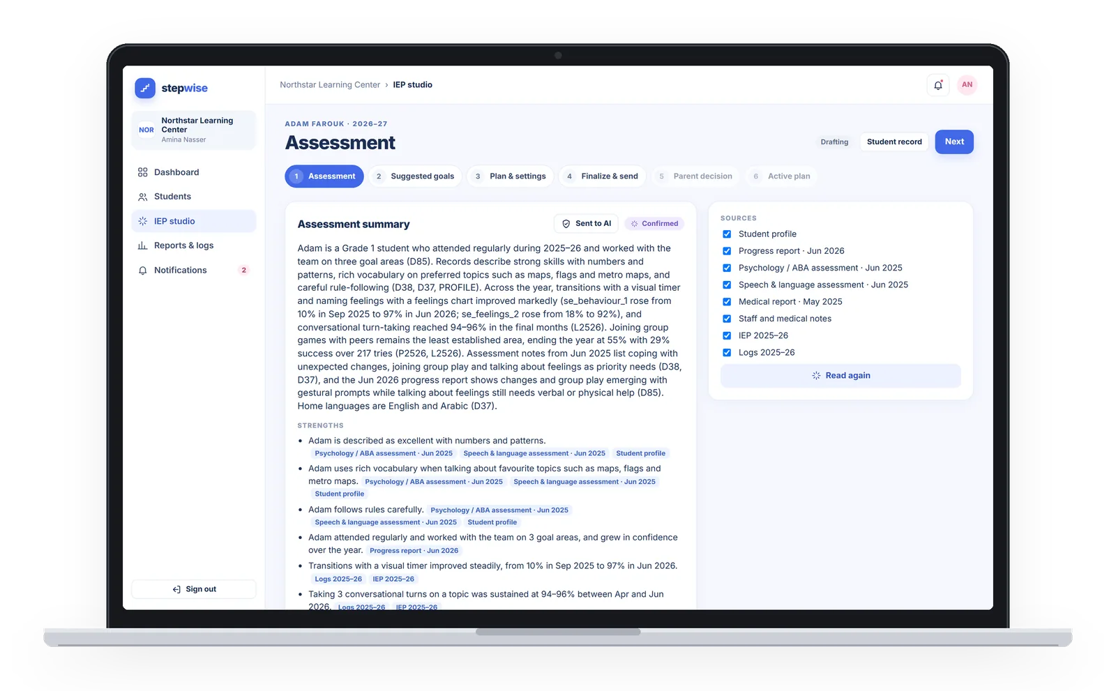 IEP studio: the assessment summary, citing its sources