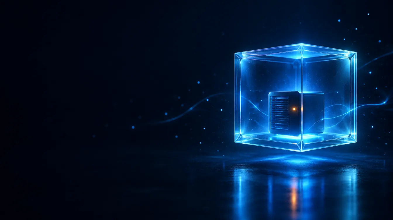 Illustration: a sealed glass cube with one glowing server inside, standing for a centre&rsquo;s own isolated deployment
